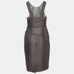 Versace Deep Taupe Wool & Silk Fishbone Chain Detail Dress S