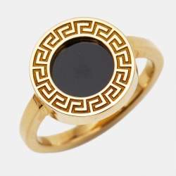 Pre Owned Versace Greca Onyx 18k Yellow Gold Ring Size 54