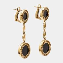 Pre Owned Versace Greca Onyx 18k Yellow Gold Earrings