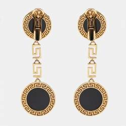 Pre Owned Versace Greca Onyx 18k Yellow Gold Earrings