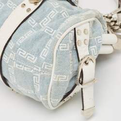 Versace Blue/white Denim and Croc Embossed Leather Madonna Satchel