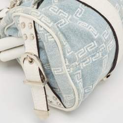 Versace Blue/white Denim and Croc Embossed Leather Madonna Satchel