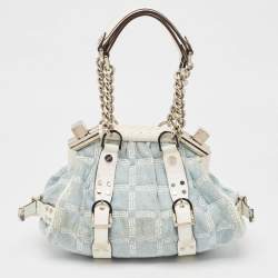 Versace Blue/white Denim and Croc Embossed Leather Madonna Satchel