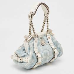 Versace Blue/white Denim and Croc Embossed Leather Madonna Satchel