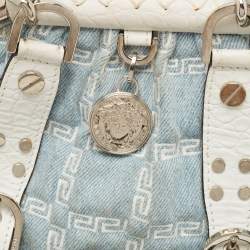 Versace Blue/white Denim and Croc Embossed Leather Madonna Satchel