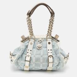 Versace Blue/white Denim and Croc Embossed Leather Madonna Satchel