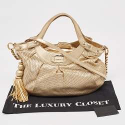 Pre Owned Versace Gold Perforated Leather Tassel Shoulder Bag