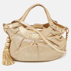 Pre Owned Versace Gold Perforated Leather Tassel Shoulder Bag