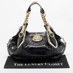 Pre Owned Versace Black/Gold Patent Leather Medussa Flap Hobo