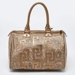 Versace Beige/Gold Printed Coated Canvas and Leather Boston Bag