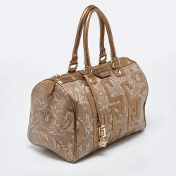 Versace Beige/Gold Printed Coated Canvas and Leather Boston Bag