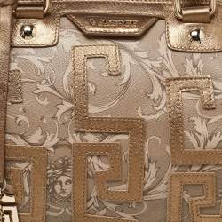 Versace Beige/Gold Printed Coated Canvas and Leather Boston Bag