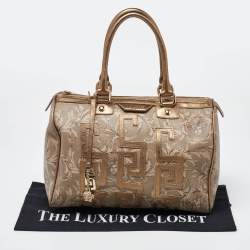 Versace Beige/Gold Printed Coated Canvas and Leather Boston Bag