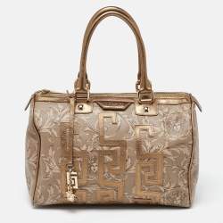 Versace Beige/Gold Printed Coated Canvas and Leather Boston Bag