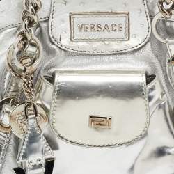 Versace Silver Ostrich Embossed, Patent and Leather Chain Link Satchel