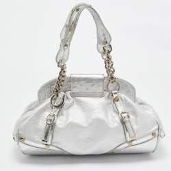 Versace Silver Ostrich Embossed, Patent and Leather Chain Link Satchel