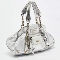 Versace Silver Ostrich Embossed, Patent and Leather Chain Link Satchel