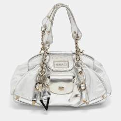 Versace Silver Ostrich Embossed, Patent and Leather Chain Link Satchel