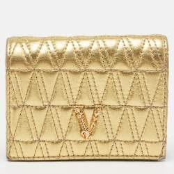 Versace Gold Quilted Leather Virtus Flap Card Case