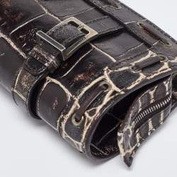 Versace Brown Croc Embossed Leather Wristlet Clutch 
