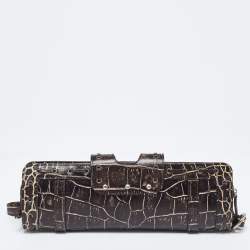 Versace Brown Croc Embossed Leather Wristlet Clutch 