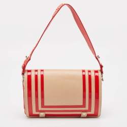 Versace Red/Beige Patent and Leather Graphic Flap Shoulder Bag