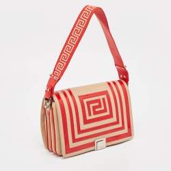 Versace Red/Beige Patent and Leather Graphic Flap Shoulder Bag