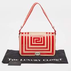 Versace Red/Beige Patent and Leather Graphic Flap Shoulder Bag