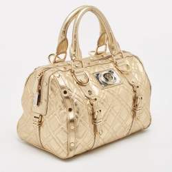 Pre Owned Versace Gold Quilted Leather Studded Medusa Head Boston Bag