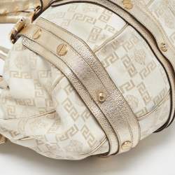 Versace Beige/Gold Signature Canvas and Leather Medussa Buckle Satchel