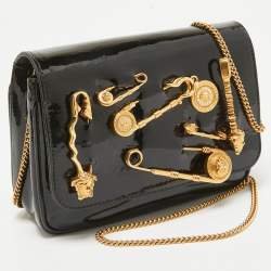 Pre Owned Versace Black Patent Leather Safety Pin Flap Chain Crossbody Bag