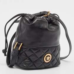 Pre Owned Versace Black Quilted Leather Medusa Drawstring Bucket Bag