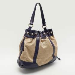 Versace Beige/Blue Medusa Canvas and Leather Drawstring Hobo
