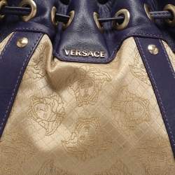 Versace Beige/Blue Medusa Canvas and Leather Drawstring Hobo