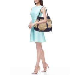 Versace Beige/Blue Medusa Canvas and Leather Drawstring Hobo