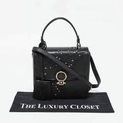 Versace Black Leather Applique Studded Flap Top Handle Bag