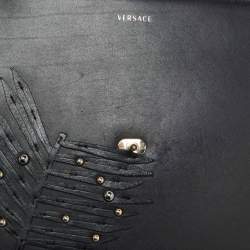 Versace Black Leather Applique Studded Flap Top Handle Bag