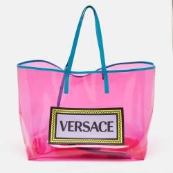 Pre Owned Versace Pink PVC and Leather 90s Logo Shopper Tote