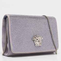 Pre Owned Versace Lavender Suede Crystal Embellished Palazzo Medusa Chain Clutch