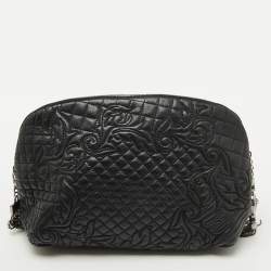 Versace Black Leather Quilted Embroidered Zip Satchel