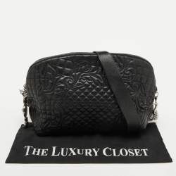 Versace Black Leather Quilted Embroidered Zip Satchel