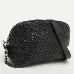 Versace Black Leather Quilted Embroidered Zip Satchel