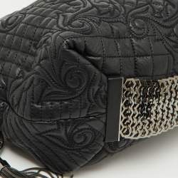 Versace Black Leather Quilted Embroidered Zip Satchel