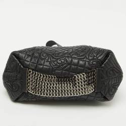 Versace Black Leather Quilted Embroidered Zip Satchel