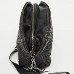 Versace Black Leather Quilted Embroidered Zip Satchel