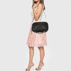 Versace Black Leather Quilted Embroidered Zip Satchel