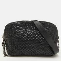 Versace Black Leather Quilted Embroidered Zip Satchel