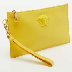 Versace Yellow Leather La Medusa Wristlet Zip Pouch