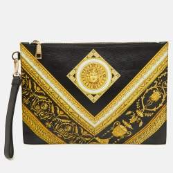 Pre Owned Versace Black Leather Baroque Medusa Print Wristlet Pouch