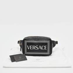 Pre Owned Versace Black Leather Logo Print Belt Bag